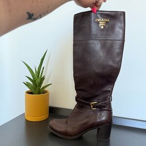 Prada brown leather classic knee high tall riding boots - size 35.5 (US 5.5)